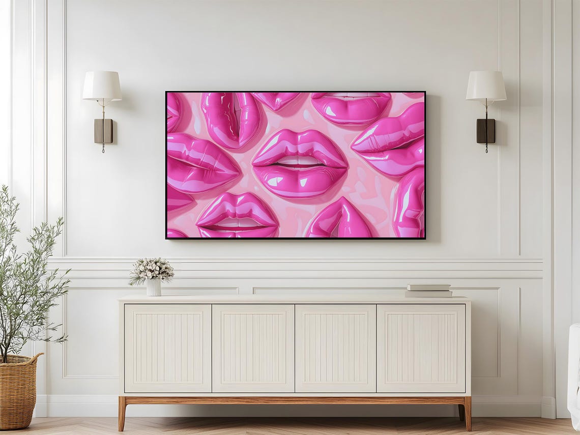 Pink Glossy Lips Art For Frame Tv Hyper Realistic Pink Glossy Trendy Wall Decor Bold Art Modern Pop Art - Image 5