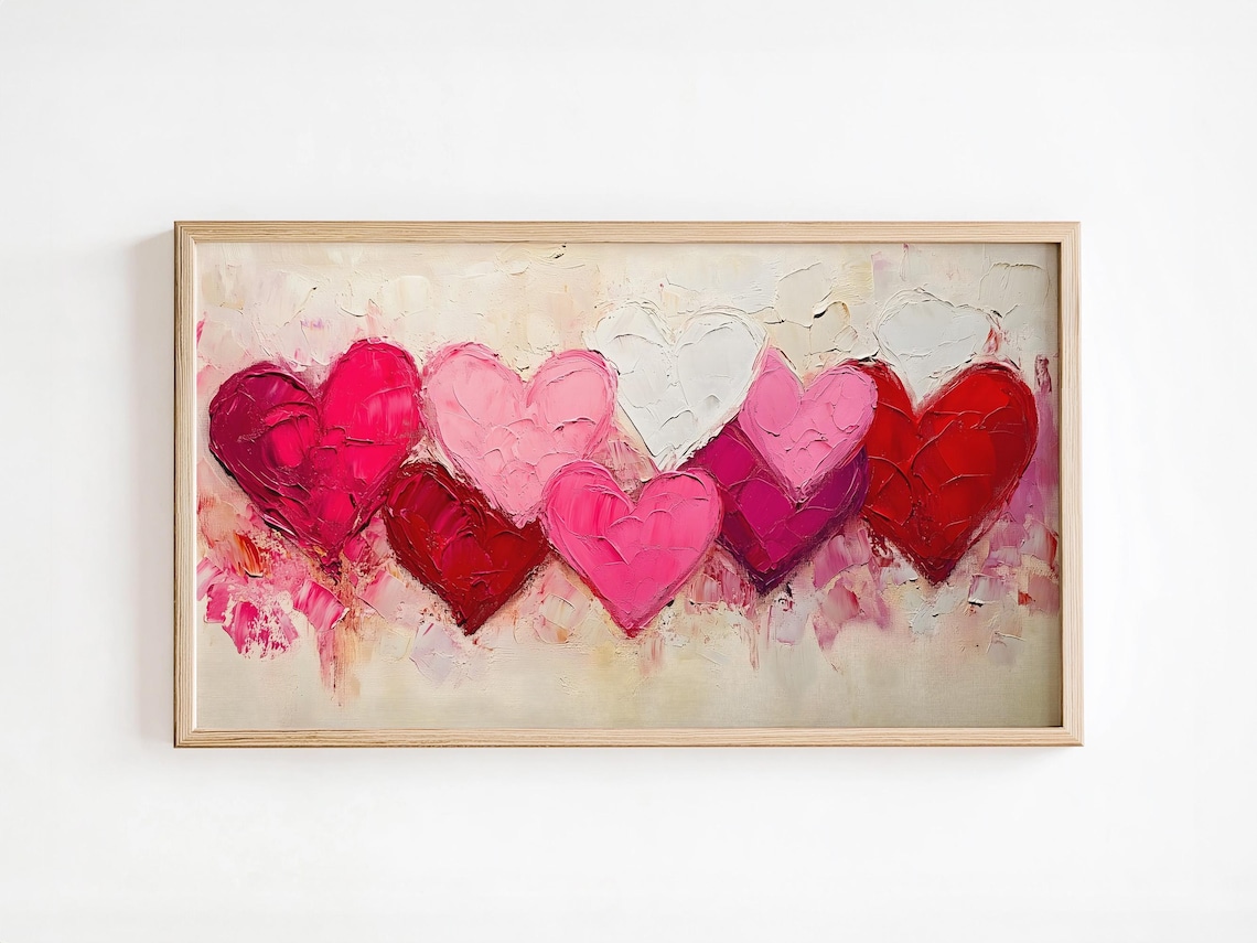 Romantic Textured Heart Wall Art Frame Tv Painting Abstract Oil Paint Frame Tv Decor Pink Red Palette Trendy