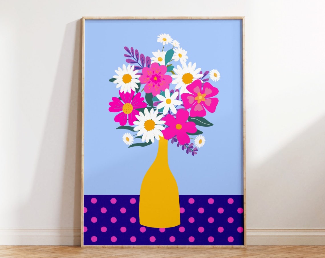 Daisy Bouquet Yellow Vase Polka Dot Table Bold Floral Poster