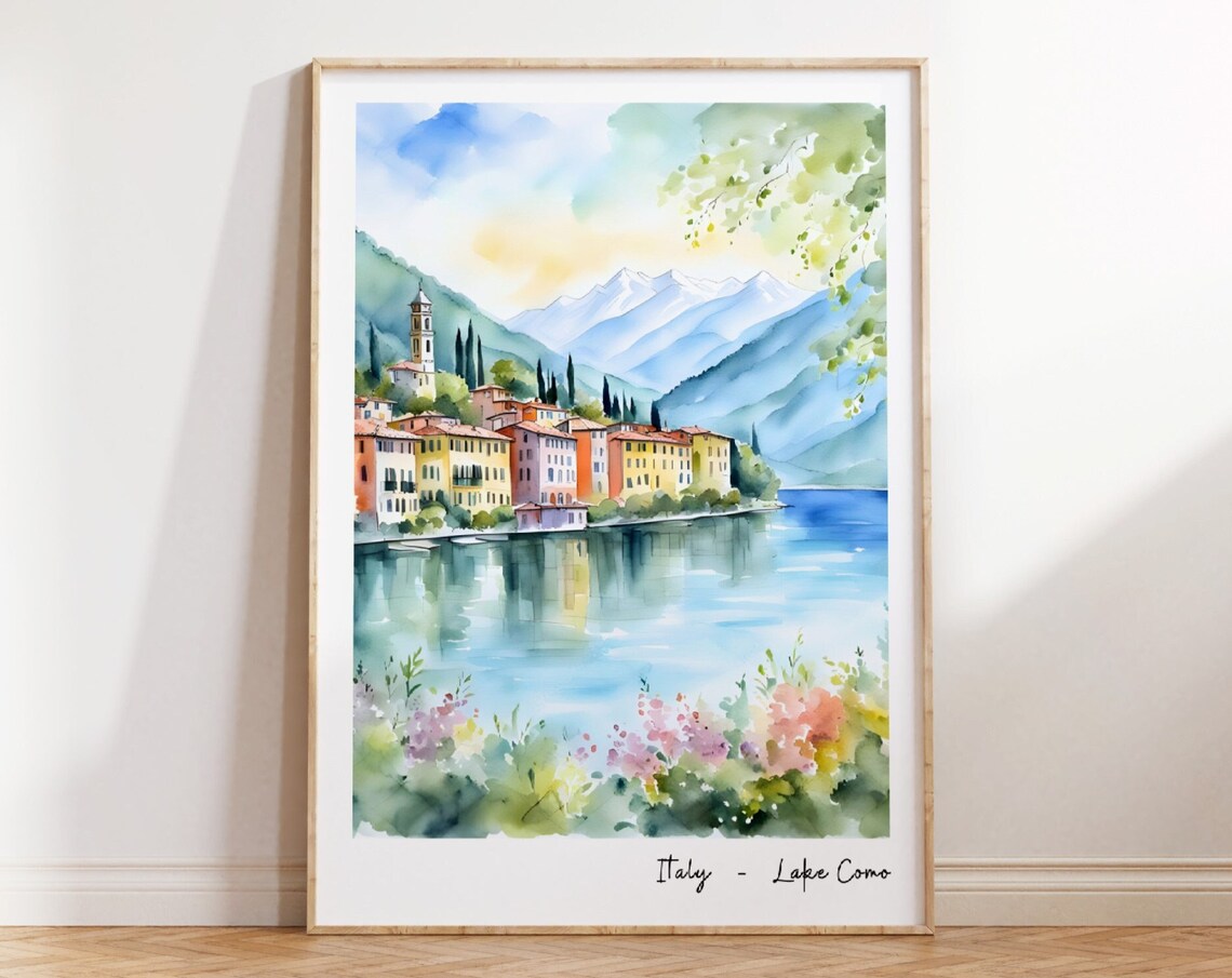 Lake Como Italy Watercolor Lakeside Village Mountains Travel Poster