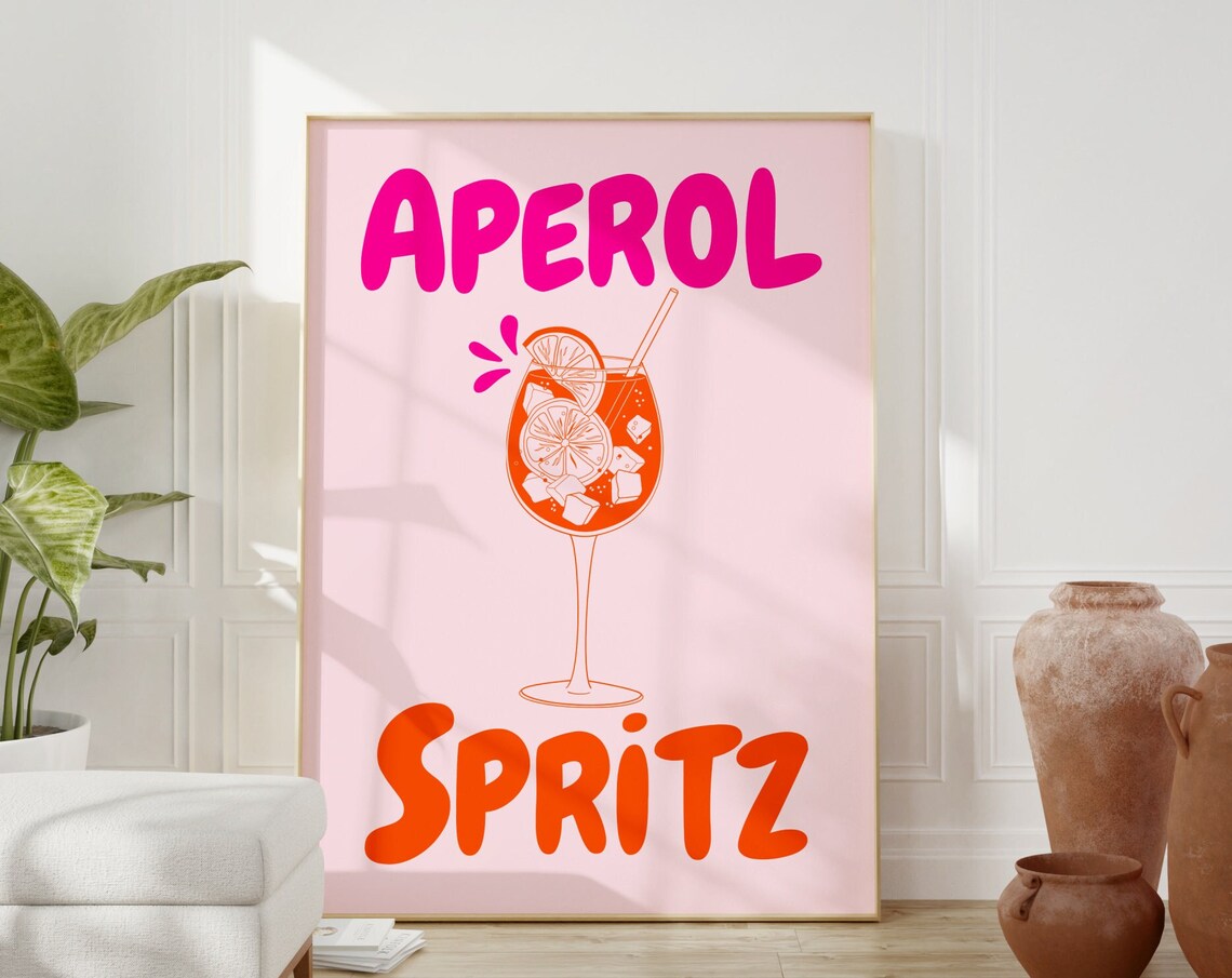 Aperol Spritz Cocktail Bar Cart Illustration Pink Retro Drink Poster