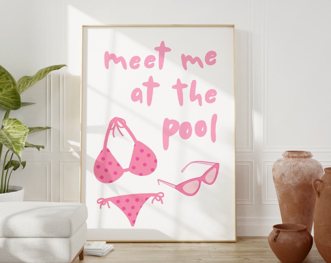 Meet Me At The Pool Pink Bikini Sunglasses Summer Coastal Poster - Image 4