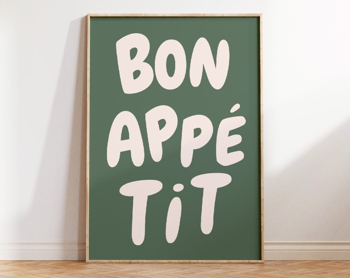 Bon Appetit French Kitchen Quote Sage Green Retro Typography Poster