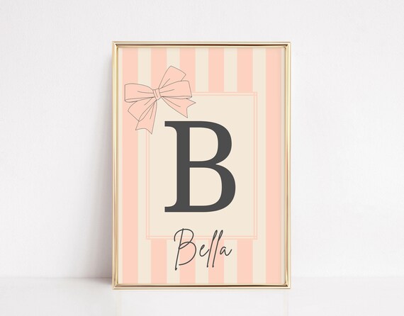 Pink Striped Letter B Bow Bella Name Nursery Monogram Poster