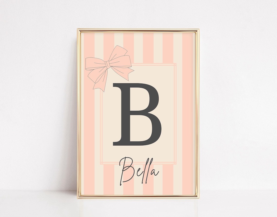 Pink Striped Letter B Bow Bella Name Nursery Monogram Poster