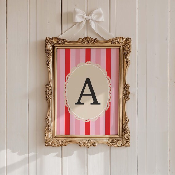 Personalized Red Pink Striped Initial Letter Nursery Monogram Print