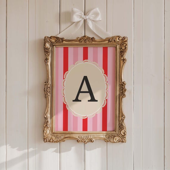 Personalized Striped Initial Wall Art Cute Nursery Print Baby Girl Room Decor Custom Letter Dopamine