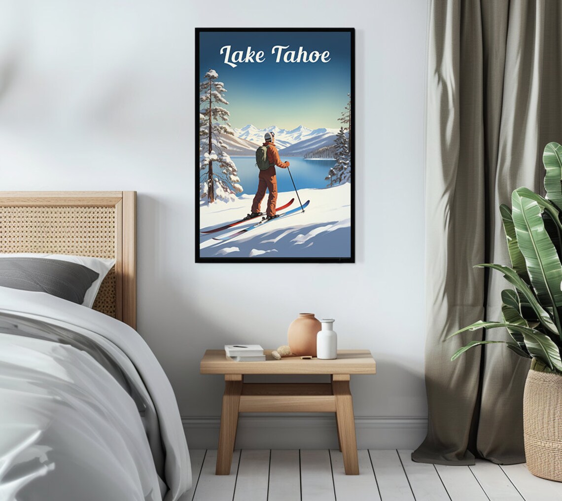 Lake Tahoe Winter Skiing Snowy Peaks Lakeside Vintage Travel Poster - Image 3