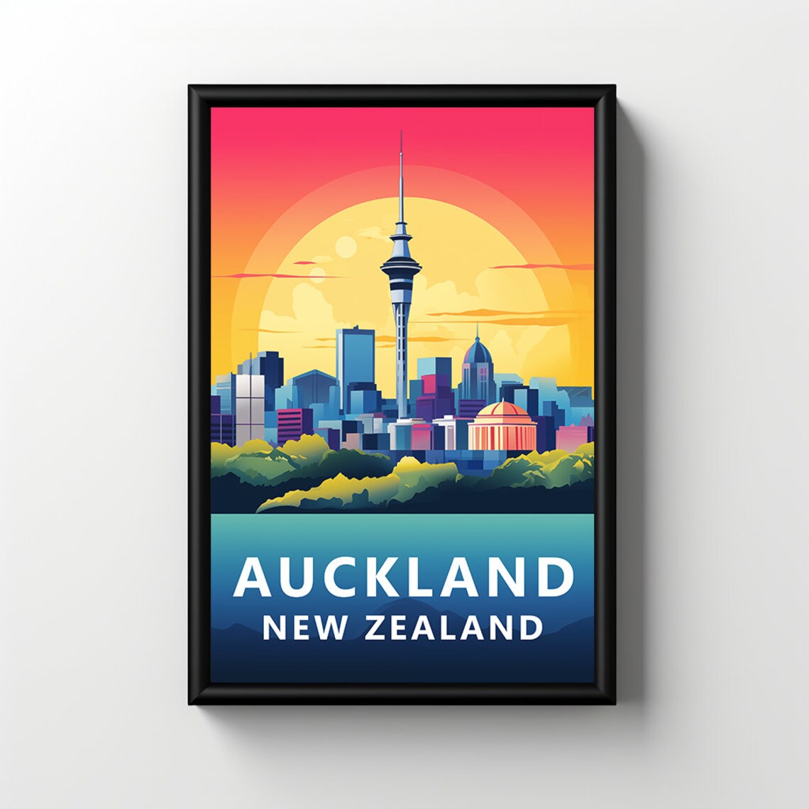 Auckland New Zealand Sky Tower Sunset City Skyline Travel Poster