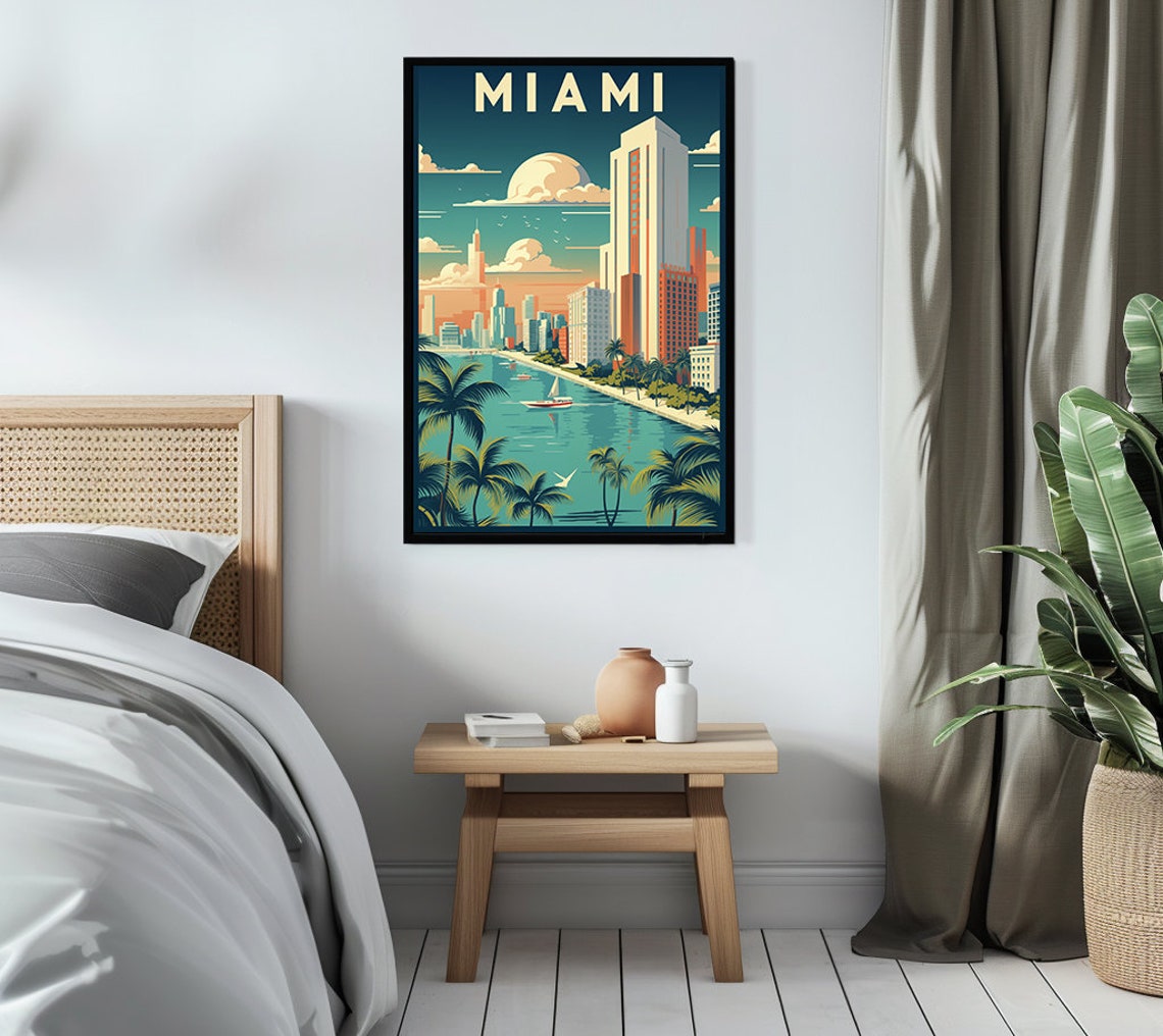 Miami Florida Palm Trees Bay Skyline Sailboat View Retro Poster - Image 3