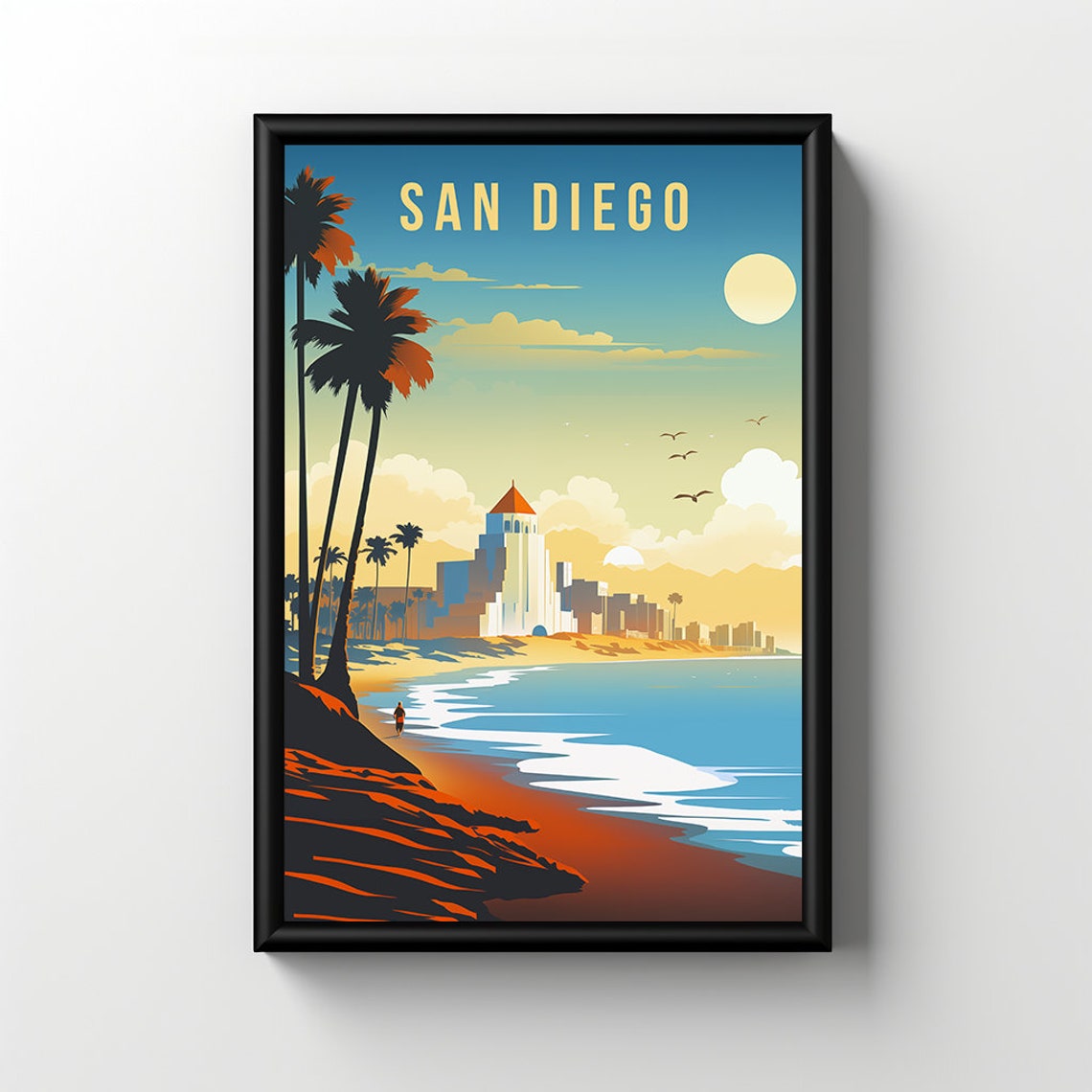 San Diego California Beach Palms Waves Sunset Retro Travel Poster