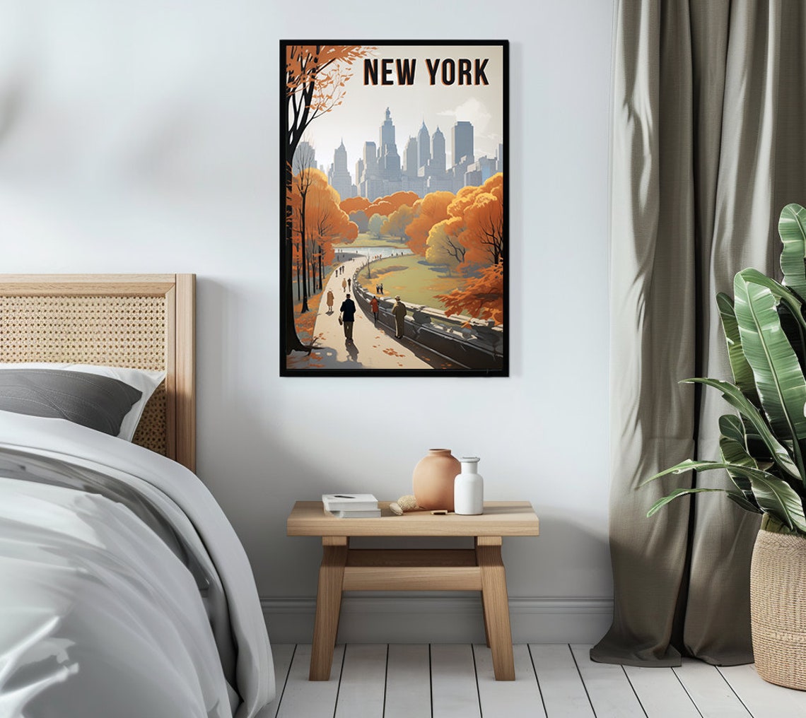 New York City Autumn Park Strollers Skyline Vintage Travel Poster - Image 3