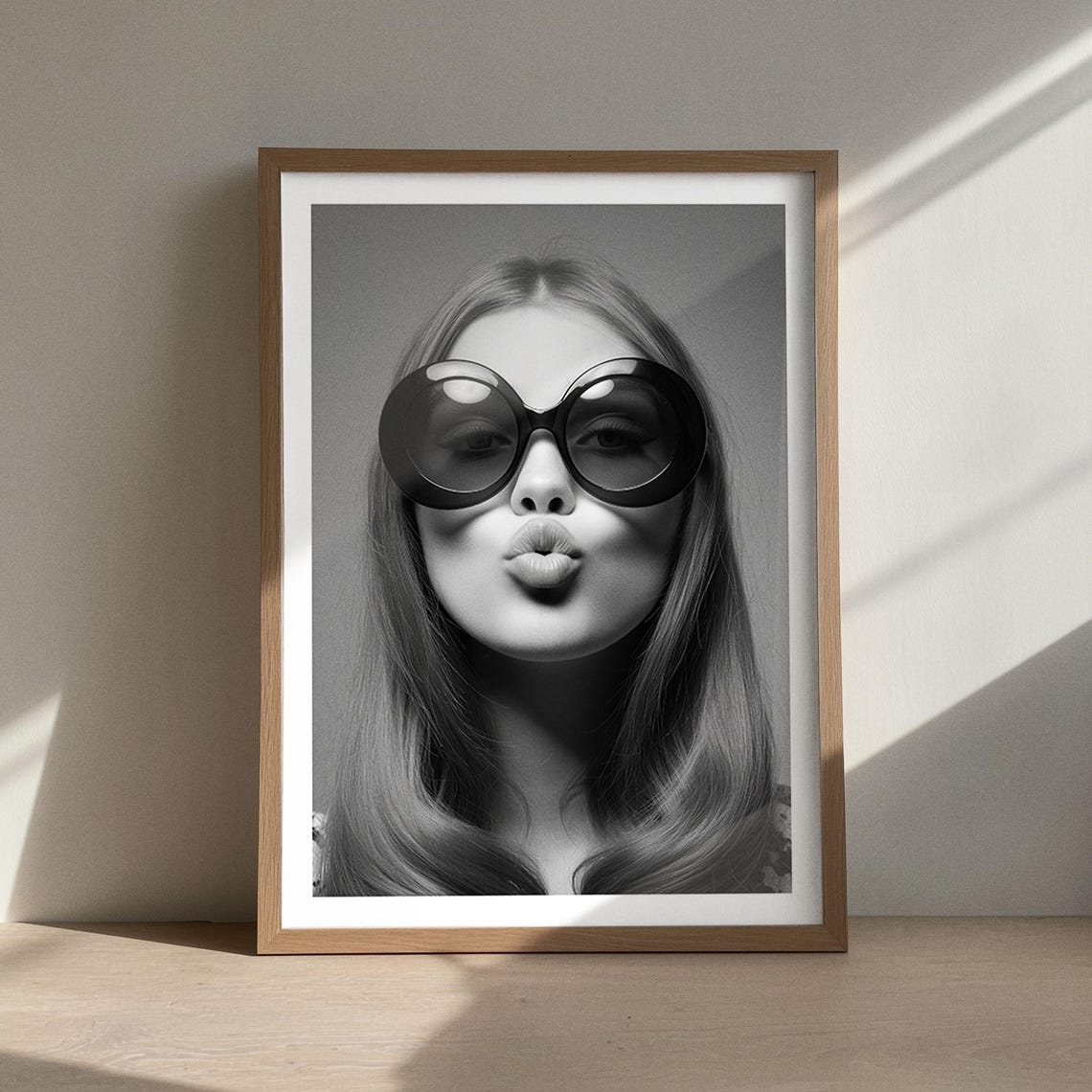 Black And White Fashion Poster Kiss Print With Oversized Sunglasses Bold Wall Art