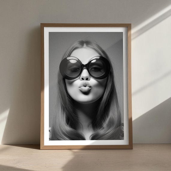 Black And White Fashion Poster Kiss Print With Oversized Sunglasses Bold Wall Art