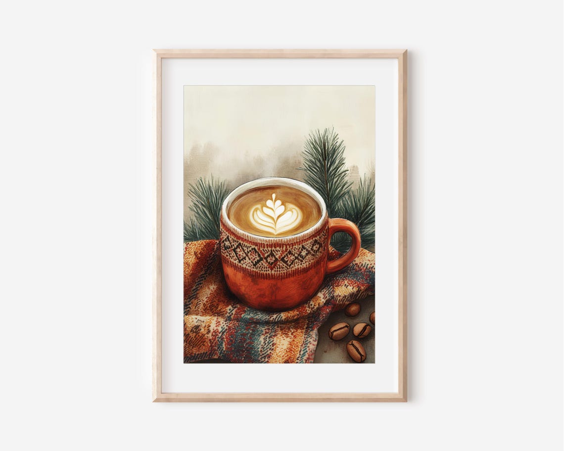 Cozy Nordic Latte Mug With Pine Sprigs Holiday Coffee Poster
