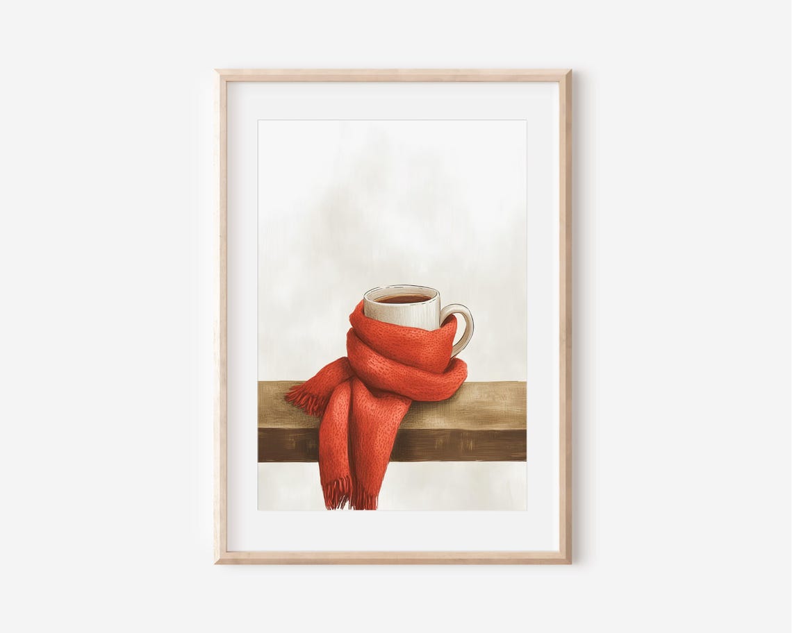 Steaming Hot Coffee Mug Wrapped in Red Scarf Cozy Winter Wall Art