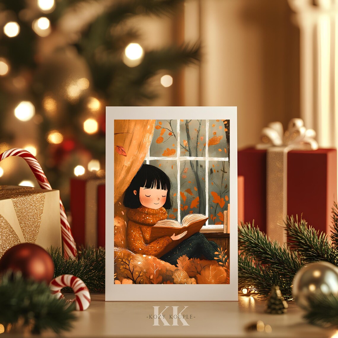 Little Girl Reading by Autumn Window Cozy Book Lover Wall Art - Image 4