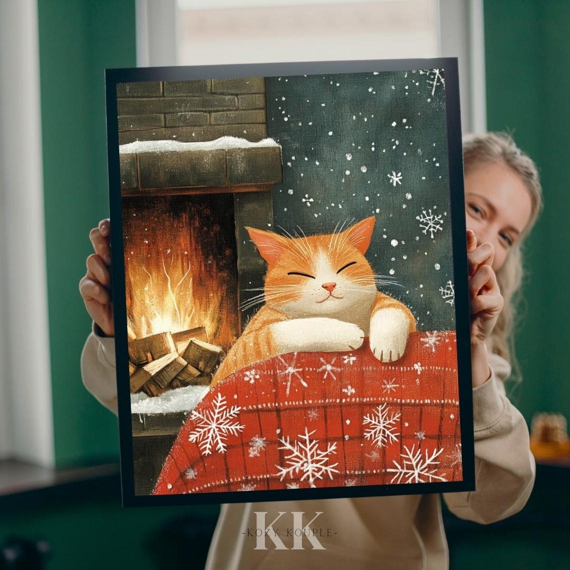 Sleepy Ginger Cat by Fireplace Christmas Snowflake Holiday Poster - Image 2