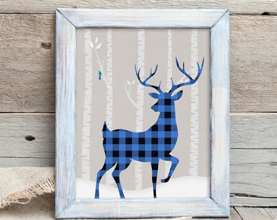 Blue Buffalo Plaid Deer Birch Forest Winter Woodland Snow Silhouette Poster