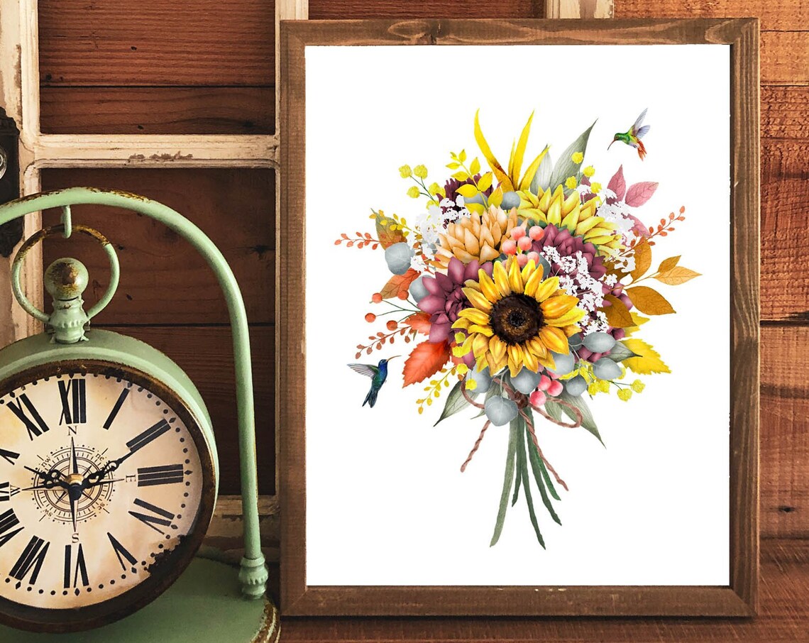 Fall Sunflower Bouquet Watercolor Hummingbirds Autumn Floral Poster - Image 3