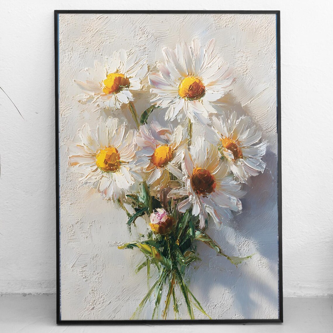 White Daisy Bouquet Impasto Oil Painting Floral Wall Decor Poster