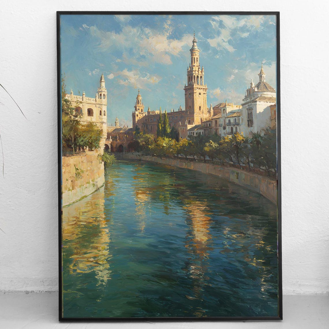 European River Cityscape with Historic Bell Tower Painting Poster