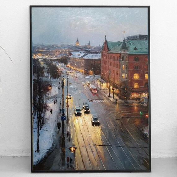Prague City Art Print Snowy Street Scene Painting Historic European Winter Wall Czech Republic Urban Landscape
