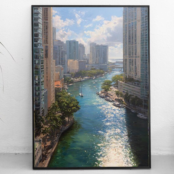 Miami Cityscape Art Print Florida River Skyscrapers Tropical Urban Wall Instant Sunshine City