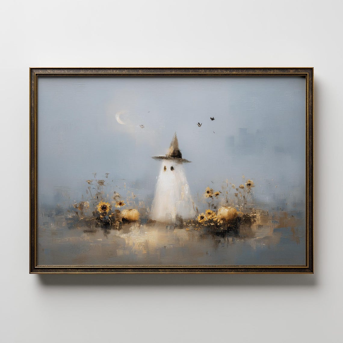Cute Ghost Witch Hat Pumpkins Sunflowers Halloween Art Poster