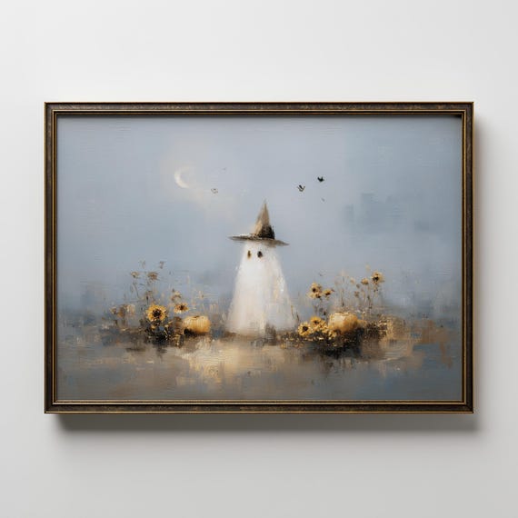 Halloween Wall Art Print With Pumpkin And Sunflowers Spooky Witch Hat Painting For Fall Home Decor