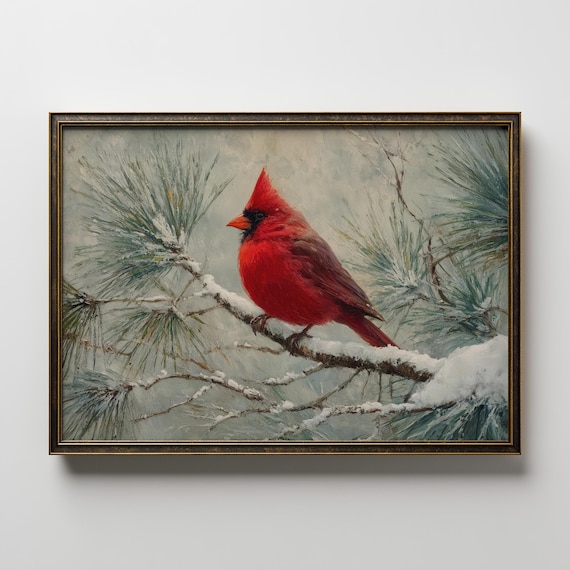 Red Cardinal Winter Snow Pine Branch Wildlife Bird Painting Print