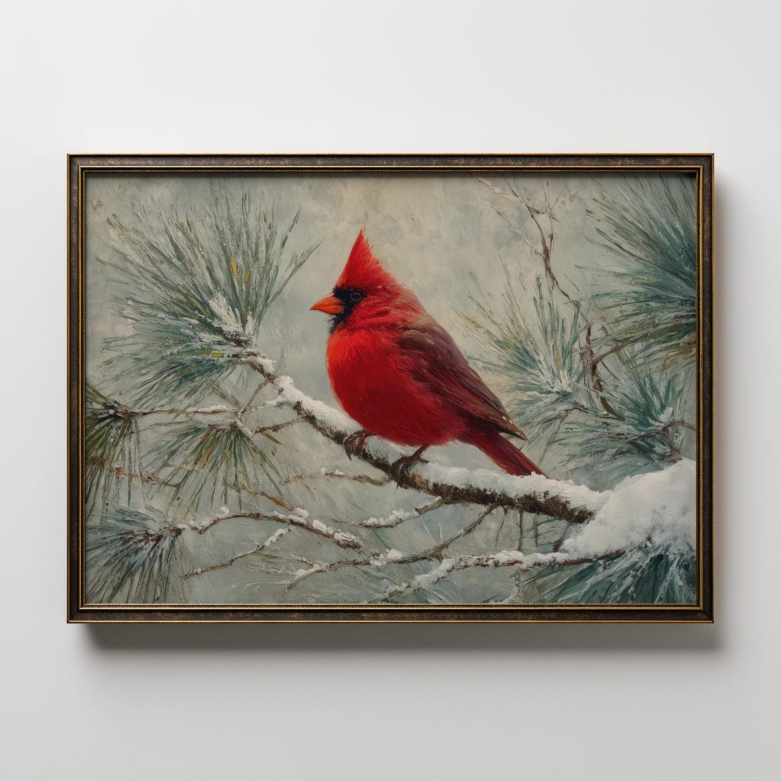 Red Cardinal Winter Snow Pine Branch Wildlife Bird Painting Print