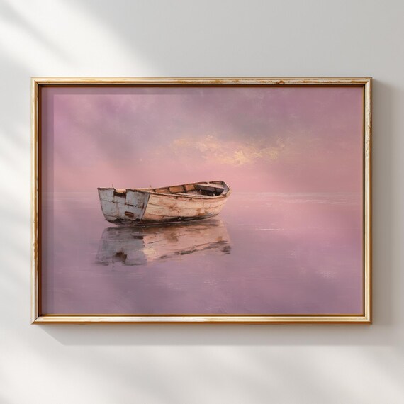 Wooden Rowboat Pink Calm Water Dawn Reflection Minimalist Ocean Wall Art