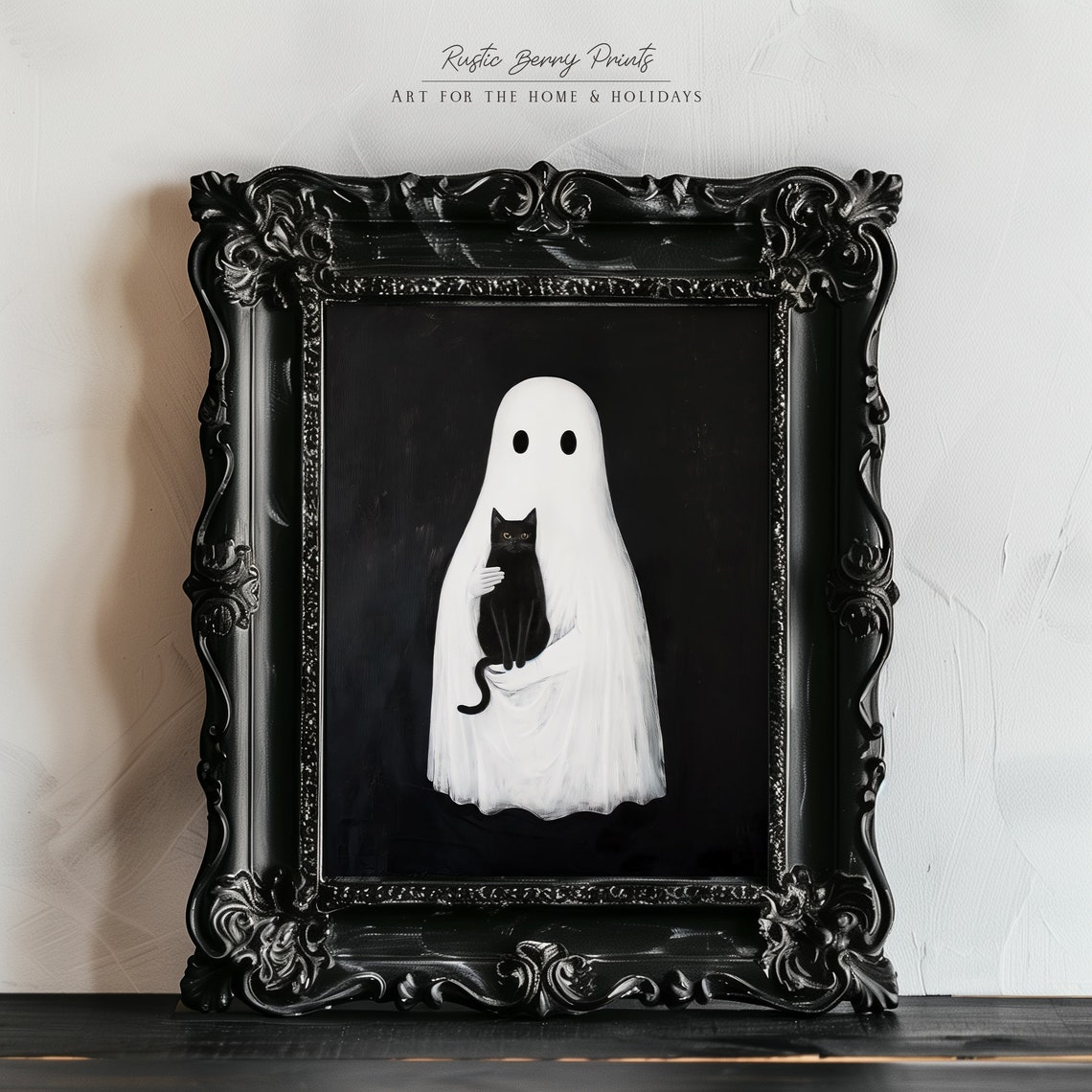 Ghost Holding Black Cat Dark Background Moody Halloween Wall Art