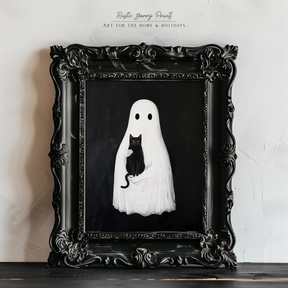 Ghost Holding Black Cat Dark Background Moody Halloween Wall Art