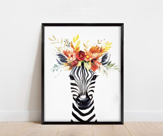 Watercolor Zebra Portrait Floral Crown Safari Boho Trendy Nursery Poster