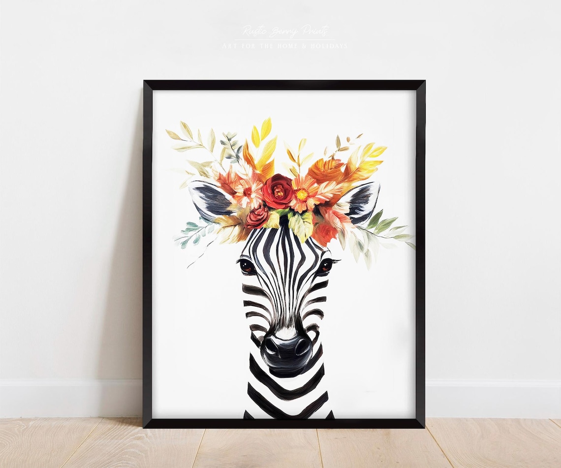 Watercolor Zebra Portrait Floral Crown Safari Boho Trendy Nursery Poster