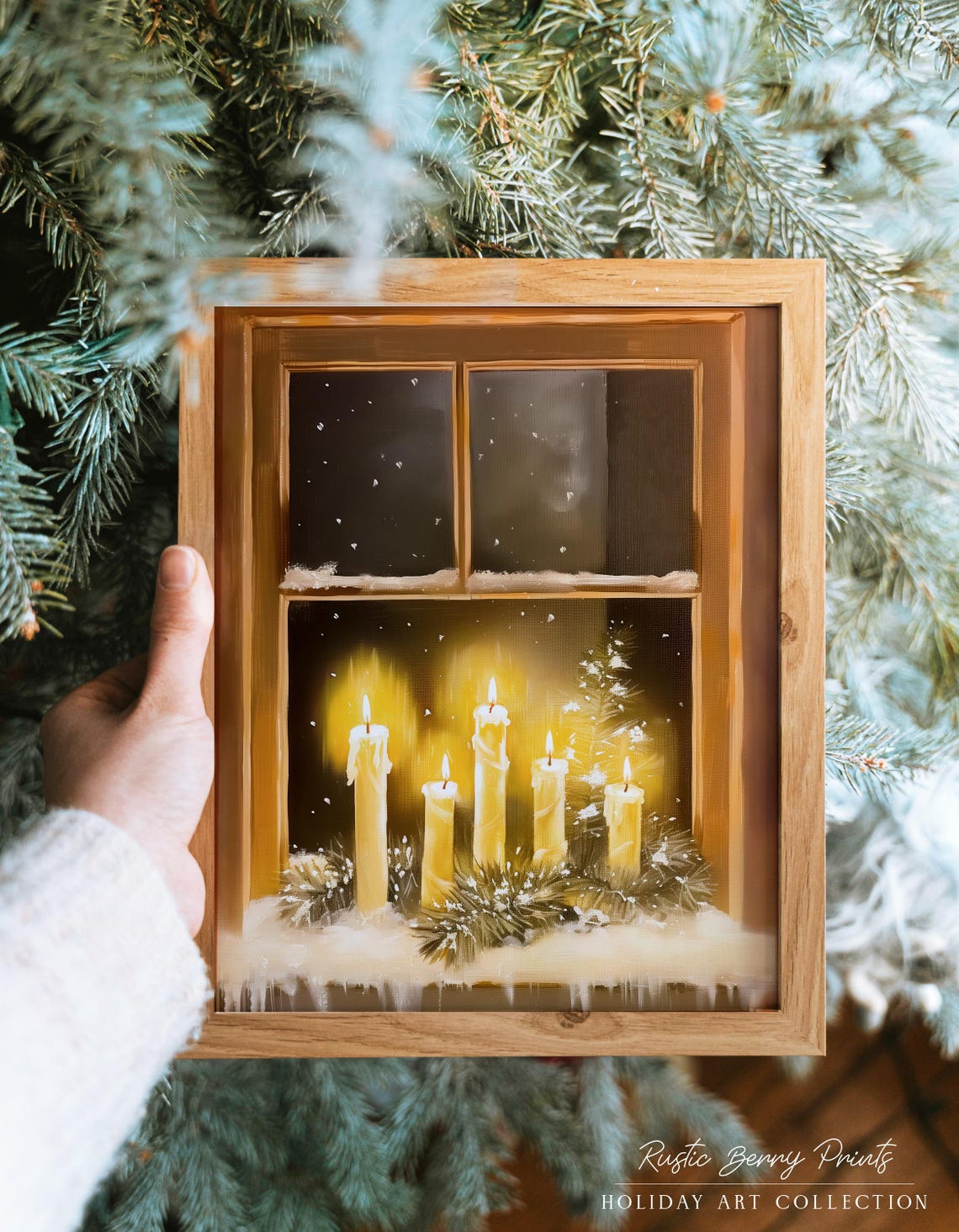 Glowing Candles On Snowy Window Ledge Starry Night Winter Art Print