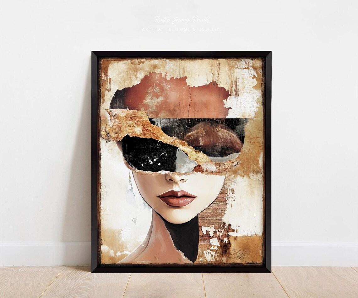 Torn Paper Female Face Abstract Collage Rustic Brown Modern Art Print Poster - Image 2