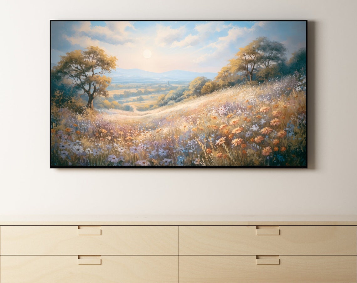 Sunlit Wildflower Meadow Rolling Hills Landscape Painting Poster