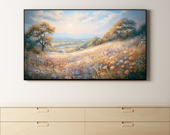 Sunlit Wildflower Meadow Rolling Hills Landscape Painting Poster