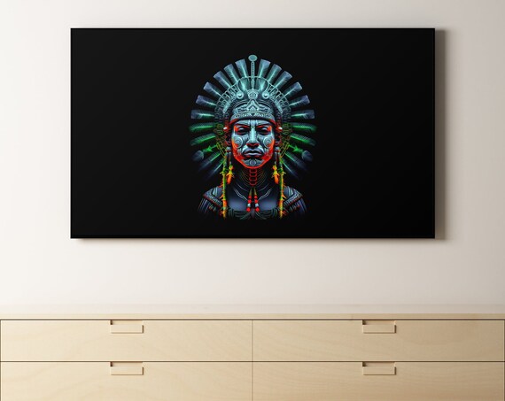 Neon Tribal Chief Headdress Digital Art Black Background Poster