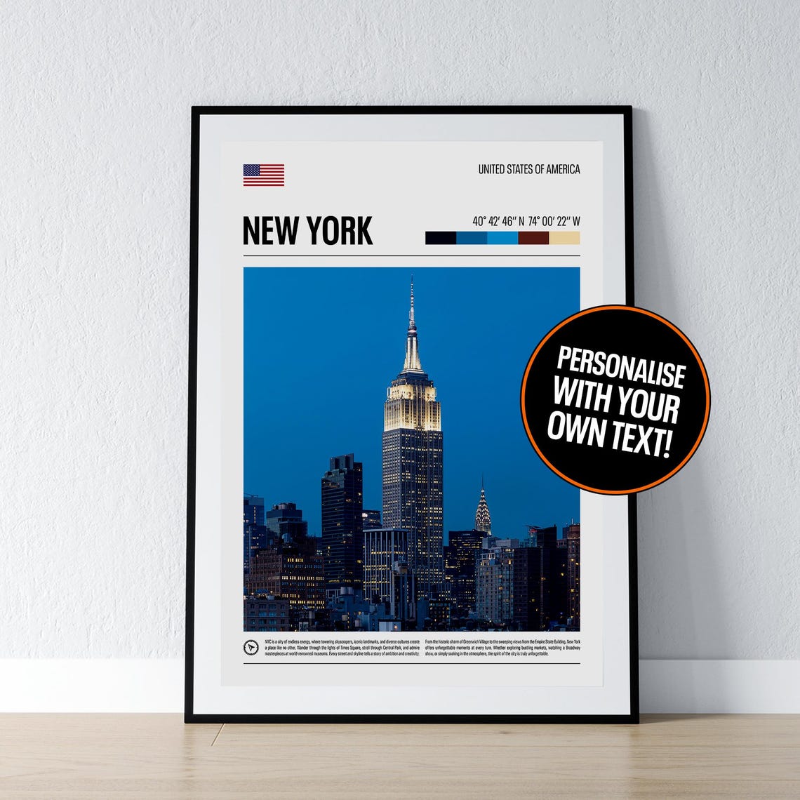 New York Empire State Building Night Skyline Coordinates Poster