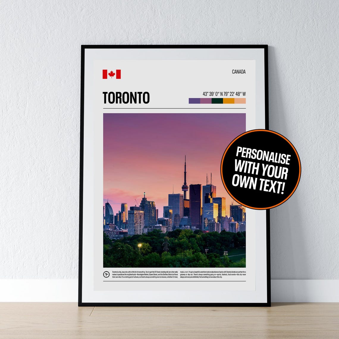 Toronto Canada CN Tower Sunset Skyline Coordinates Travel Poster