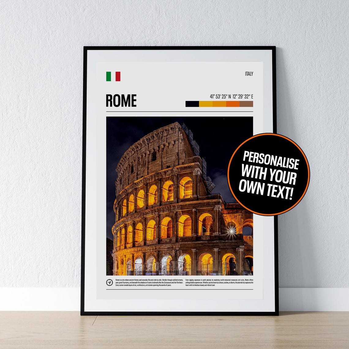 Rome Italy Colosseum Night Coordinates Travel Photo Poster Gift
