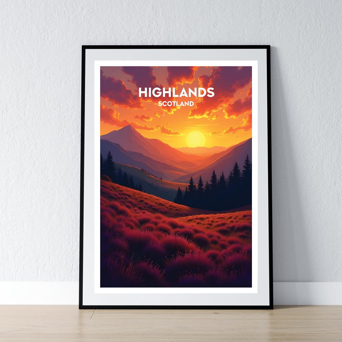 Scottish Highlands Sunset Poster Fiery Sky Purple Heather Moor Art