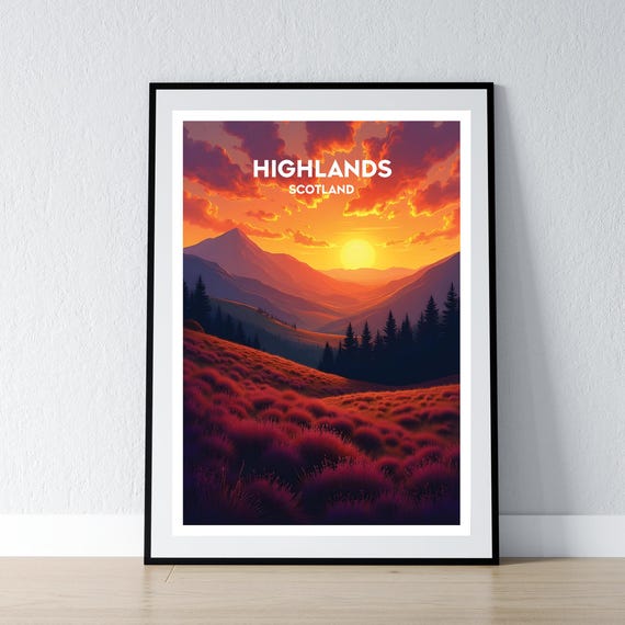 Scottish Highlands Poster Scotland Print Wall Art Gift Travel Home Decor Illustration