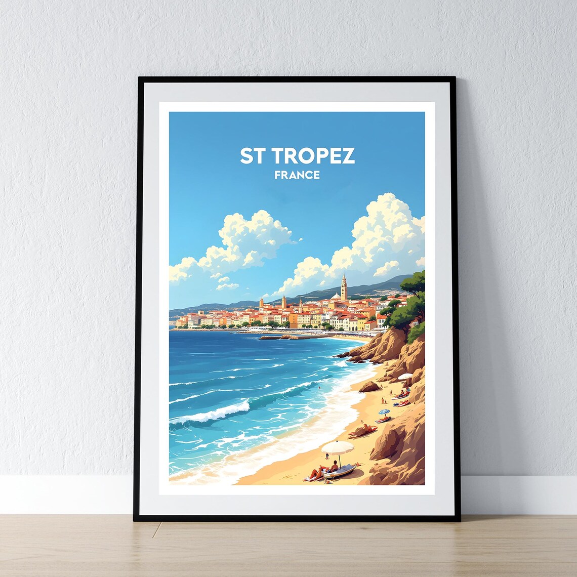 St Tropez France Beach Coast Retro Travel Illustration Poster