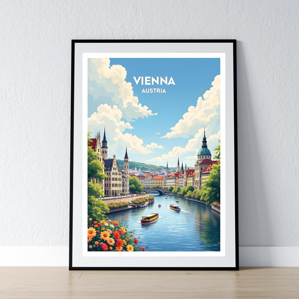 Vienna Austria Sunny River Boats Vintage Cityscape Travel Poster