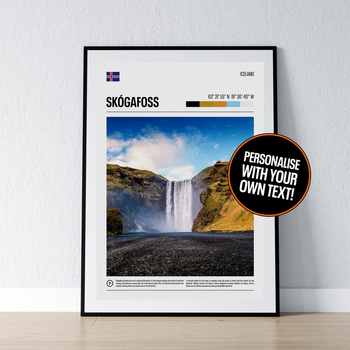 Skogafoss Waterfall Iceland GPS Coordinates Photo Travel Poster